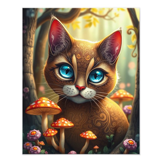 Mushroom Forest Magic Fantasy Cat Fototryck (Framsidan)