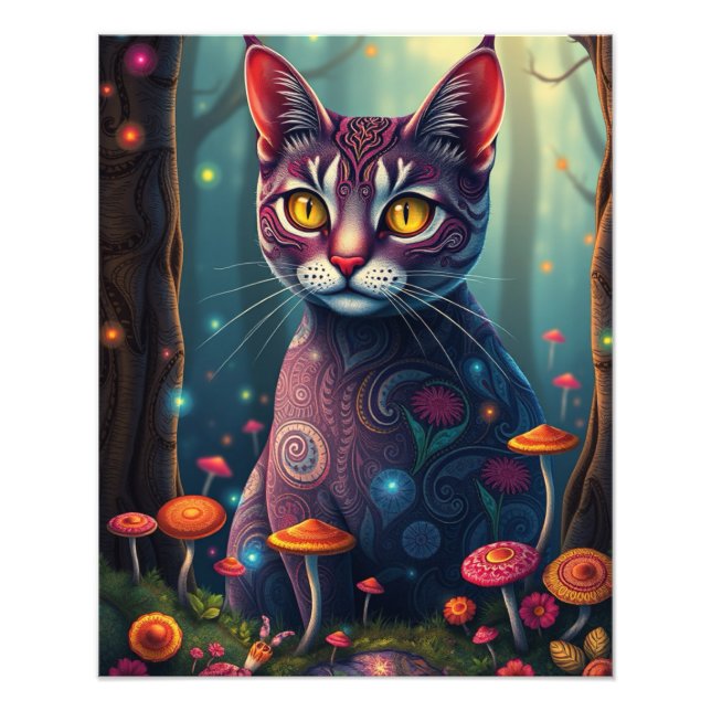 Mushroom Forest Magic Fantasy Cat Fototryck (Framsidan)