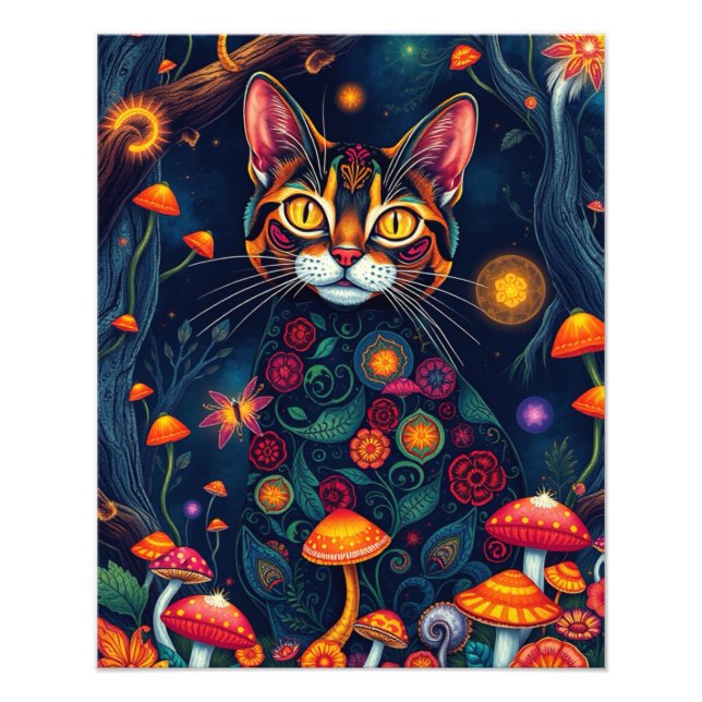Mushroom Forest Magic Fantasy Cat Fototryck (Framsidan)