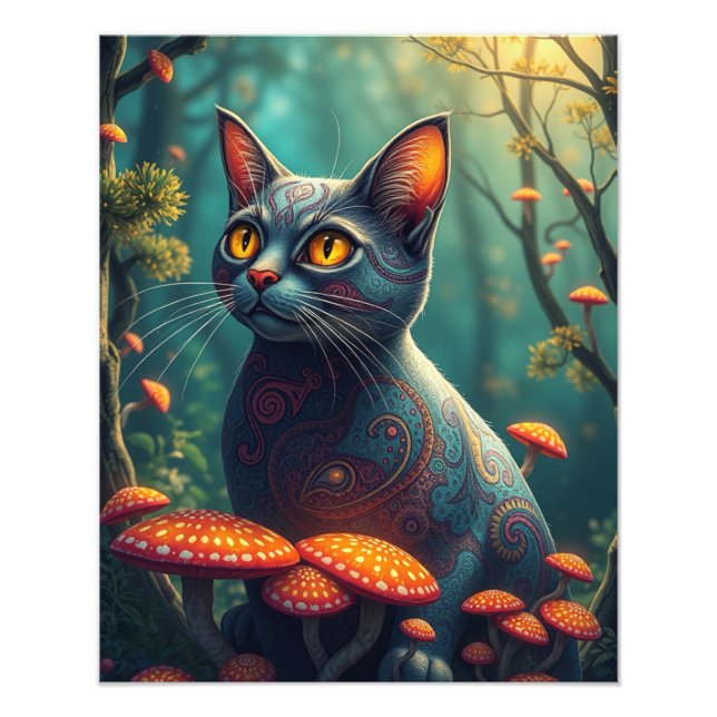 Mushroom Forest Magic Fantasy Cat Fototryck (Framsidan)