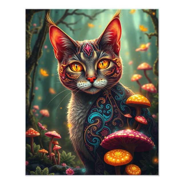 Mushroom Forest Magic Fantasy Cat Fototryck (Framsidan)