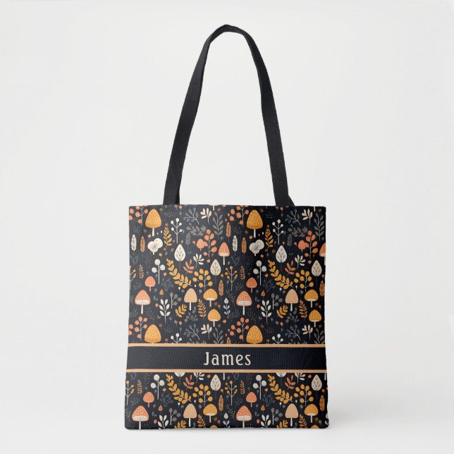 Mushroom Garden Black Tote Bag Tygkasse (Framsida)