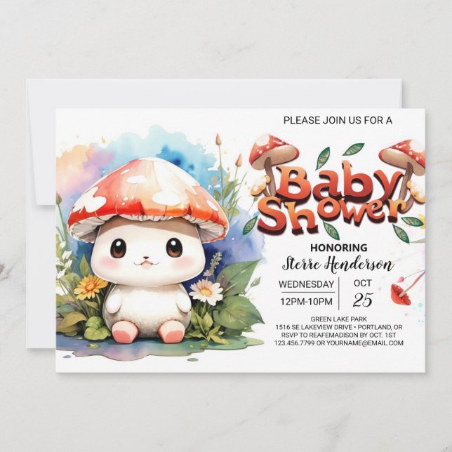 Mushroom Garden Watercolor Baby Shower Inbjudningar (Framsida)