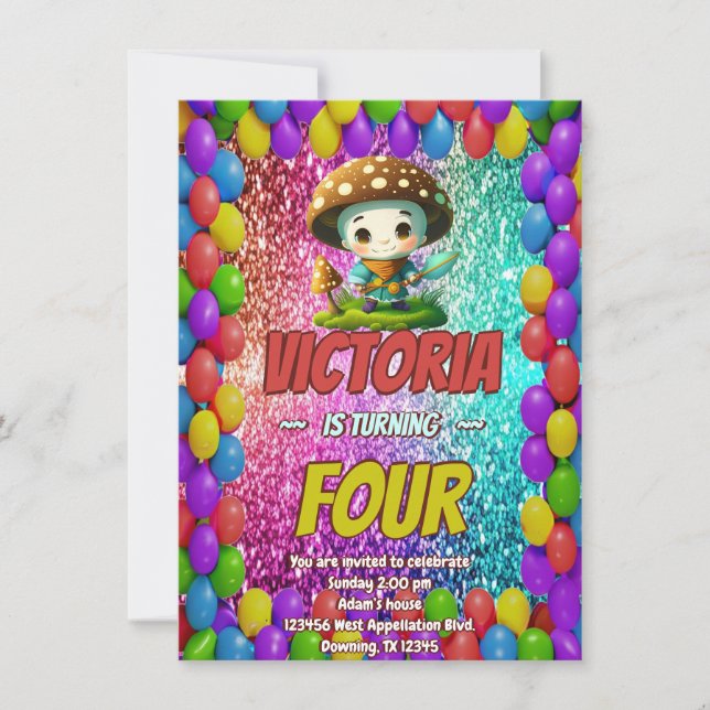 Mushroom Guardian-födelsedagen inbjudan för barn (Framsida)