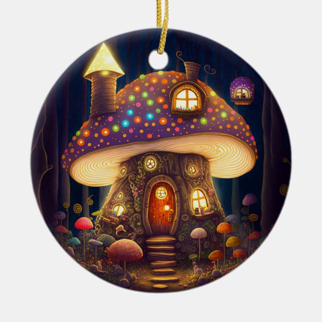 Mushroom House Fantasy Art Julgransprydnad Keramik (Framsidan)