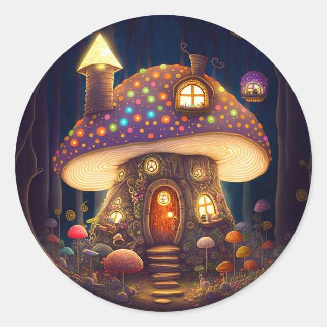 Mushroom House Fantasy Art Runt Klistermärke (Framsida)