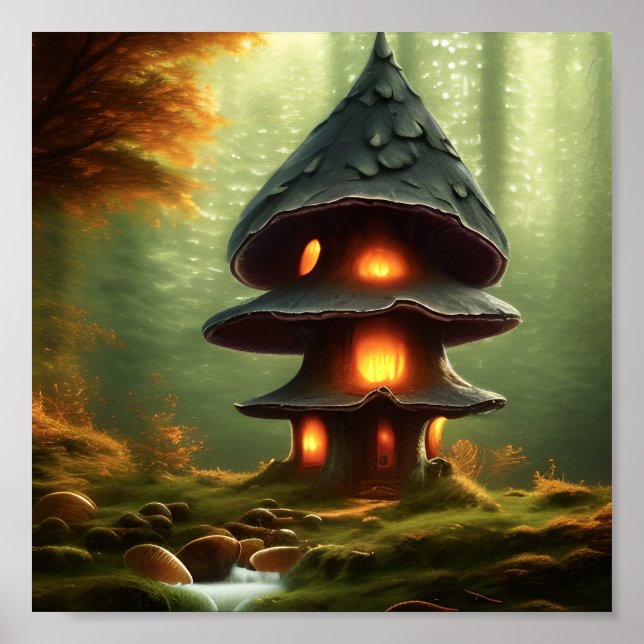 Mushroom House Forest Fantasy Art Poster (Framsidan)
