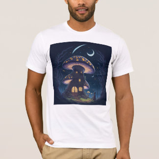 Mushroom House Under a Crescent Moon T Shirt