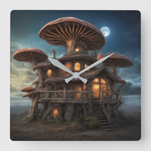 Mushroom House Wall Clock Fyrkantig Klocka (Framsida)