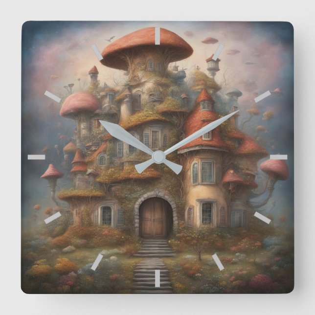 Mushroom House Wall Clock Fyrkantig Klocka (Framsida)