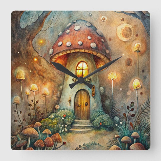 Mushroom House Wall Clock Fyrkantig Klocka (Framsida)