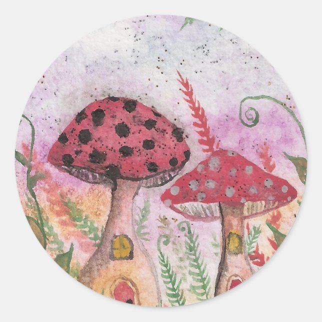 Mushroom Houses Runt Klistermärke (Framsida)