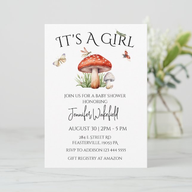 Mushroom Insekter Woodland Forest Baby Shower Girl Inbjudningar (Stående Fram)