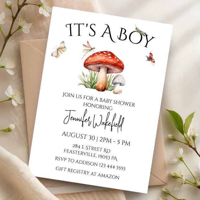 Mushroom Insekter Woodland Forest Boy Shower Inbjudningar (Mushroom Insects Woodland Forest Boy Baby Shower Invitation)