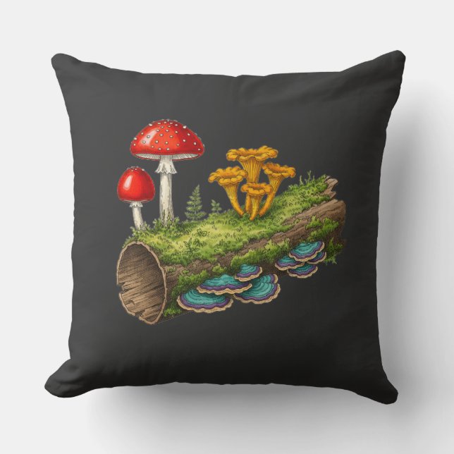  Mushroom Log Fantasy Fungi Illustration Kudde (Framsida)