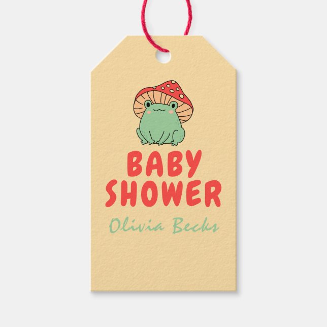 Mushroom med Frog Baby Shower Presentetikett (Framsidan)