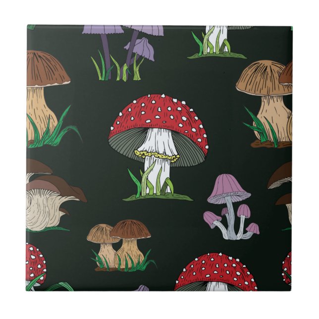 Mushroom Mönster på Mörk grönt Kakelplatta (Framsidan)