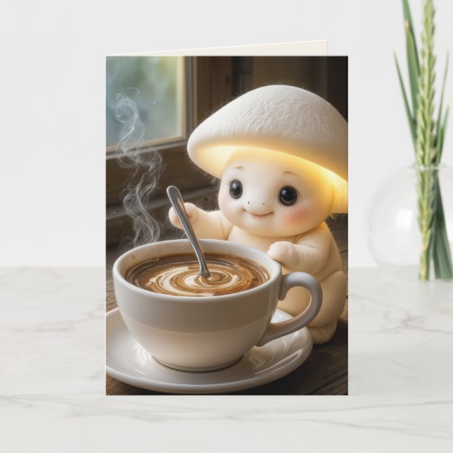 Mushroom Munchkin med kaffe på födelsedagen Kort (Framsida)