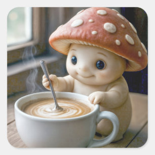 Mushroom Munchkin Stirring Morgonkaffe Fyrkantigt Klistermärke