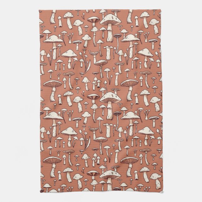 Mushroom Print på Terracotta Brown Kökshandduk (Vertikal)