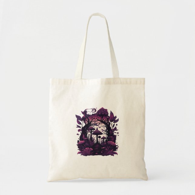 Mushroom Skogen Whimsigoth Witchy Screenprint Desi Tygkasse (Framsidan)