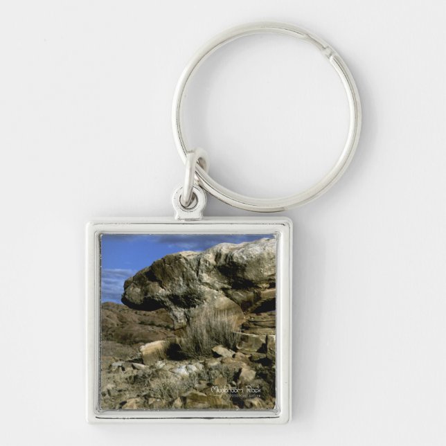 Mushroom Sten Fyrkantig Silverfärgad Nyckelring (Framsidan)