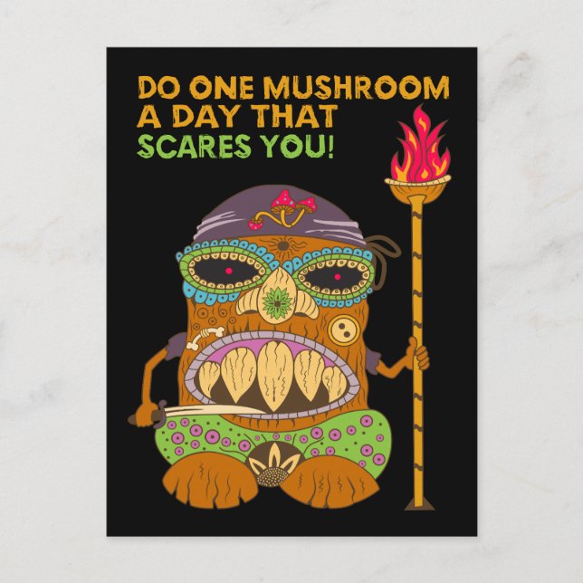 Mushroom Tiki Chef med Funny Quote, svart Vykort (Framsida)