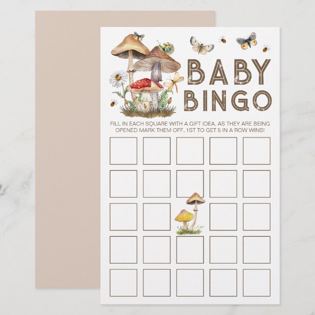 Mushroom Woodland Baby Shower Bingo Card | Whimsic (Fram/baksida)