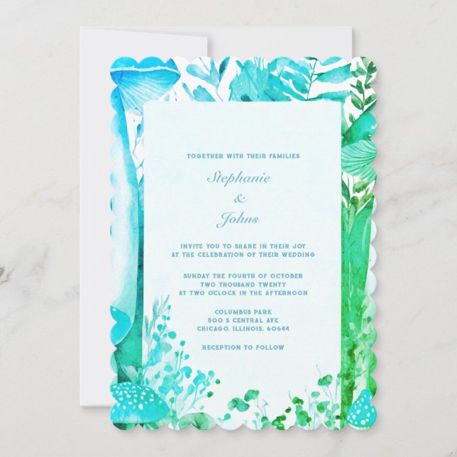Mushroom Woodland Blue Grönt Abstrakt Boho Bröllop Inbjudningar (Framsida)