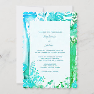 Mushroom Woodland Blue Grönt Abstrakt Boho Bröllop Inbjudningar