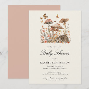 Mushroom Woodland Hedgehog Butterflies Baby Shower Inbjudningar