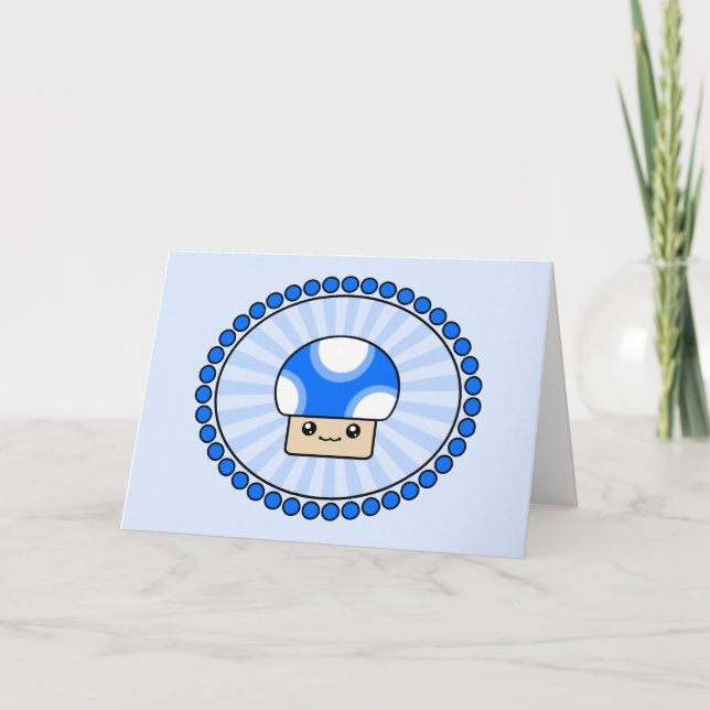 Mushy Puffs Blue Kawaii Mushroom Birthday Card Kort (Framsida)