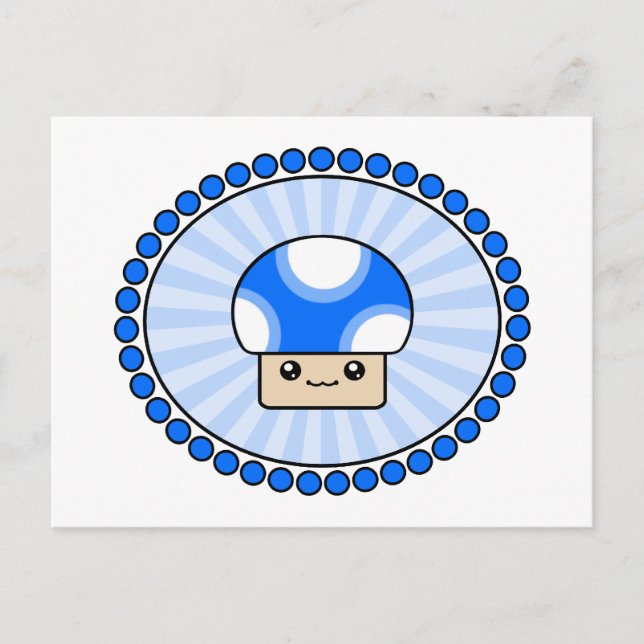 Mushy Puffs Kawaii Mushroom Blue Postcard Vykort (Framsida)