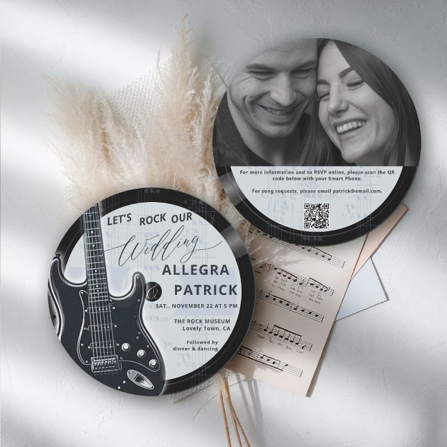 Music Älskare All One Photo QR Sten Vår Bröllop Inbjudningar (music theme wedding invitation rock vinyl record black blue white photo qr code all one guitar)