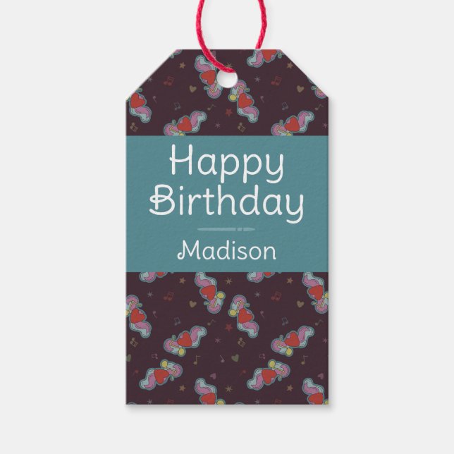 Music Älskare Doodles Theme Födelsedagsfest Teal Presentetikett (Framsidan)