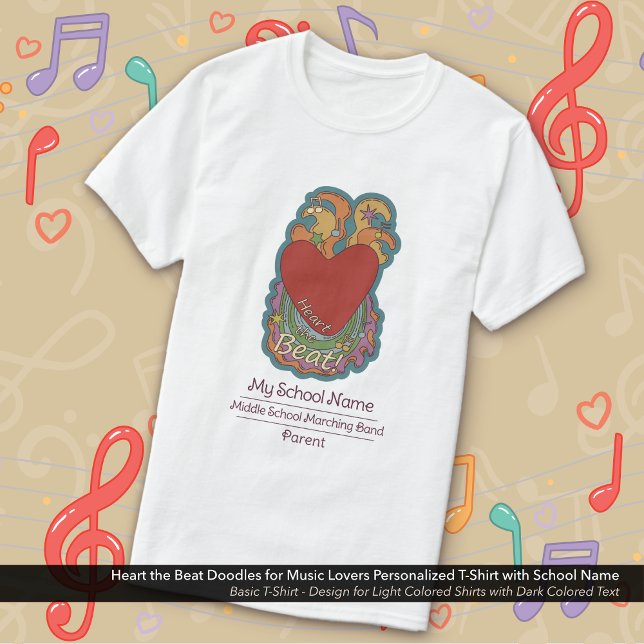 Music Älskare Heart Doodles Anpassningsbar School  T Shirt (Heart the Beat Doodle School Band T-Shirt Personalized with Your School Name for Parents)