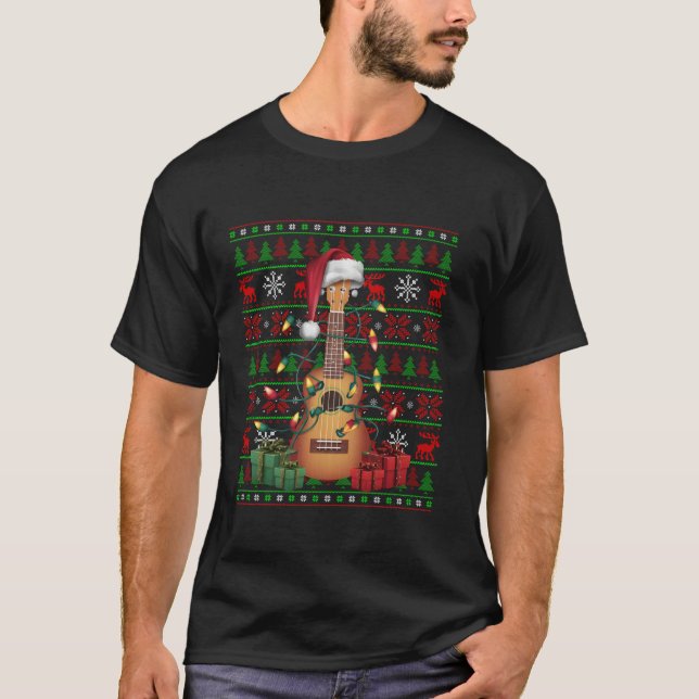 Music Älskare Julafton Ljus Ugly Musical Ukulele C T Shirt (Framsida)