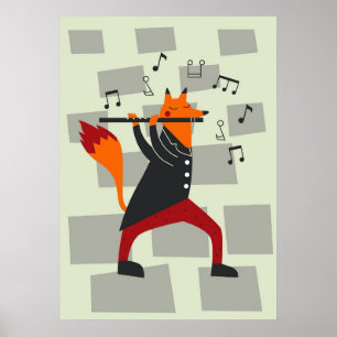 Music Art A Fox och Flute Poster