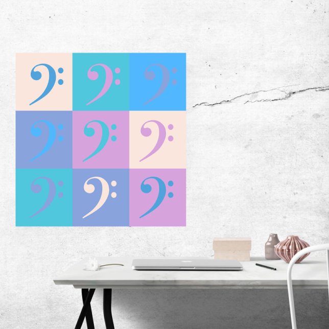 Music Bass Clef Pastel Colors Poster (A poster of pastel colored bass clef music symbols)