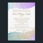 Music Bat mitzvah Watercolor och Guld 2 Inbjudningar<br><div class="desc">Tonfull lila och blå vattenfärgsdesign med gyllene musik noter och David Star,  Bat mitzvah inflygning. Anpassa text som önskat.</div>