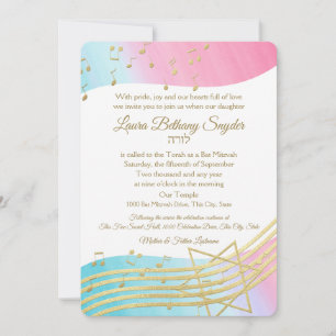 Music Bat mitzvah Watercolor och Guld Inbjudningar
