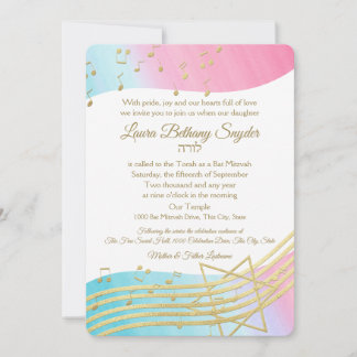 Music Bat mitzvah Watercolor och Guld Inbjudningar