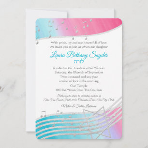Music Bat mitzvah Watercolor och Silver Inbjudningar