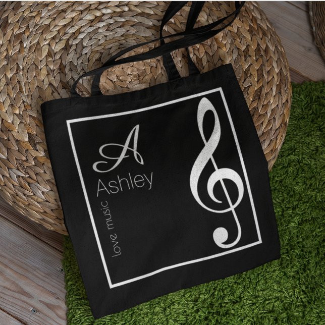 Music Black Tote Bag Snyggt Monogram Tygkasse (love music)