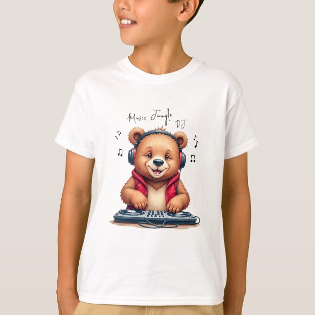 Music Boy, Lycklig Grizzly Bear DJ T-Shirt, Party T Shirt (Framsida)