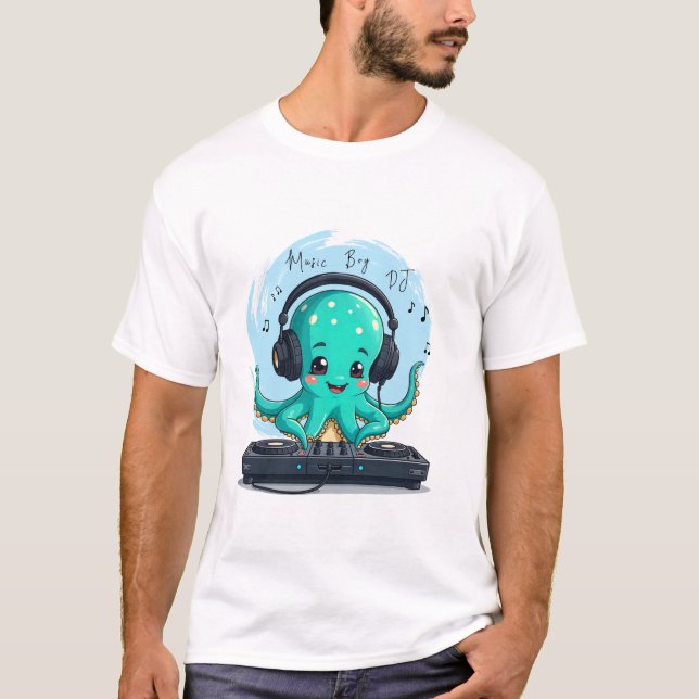 Music Boy, Lycklig Octopus DJ T-Shirt, Party T Shirt (Framsida)