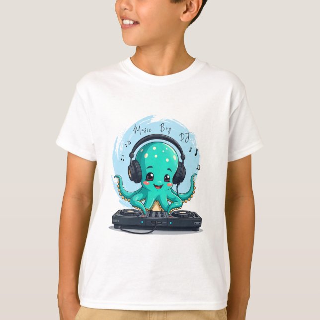 Music Boy, Lycklig Octopus DJ T-Shirt, Party T Shirt (Framsida)