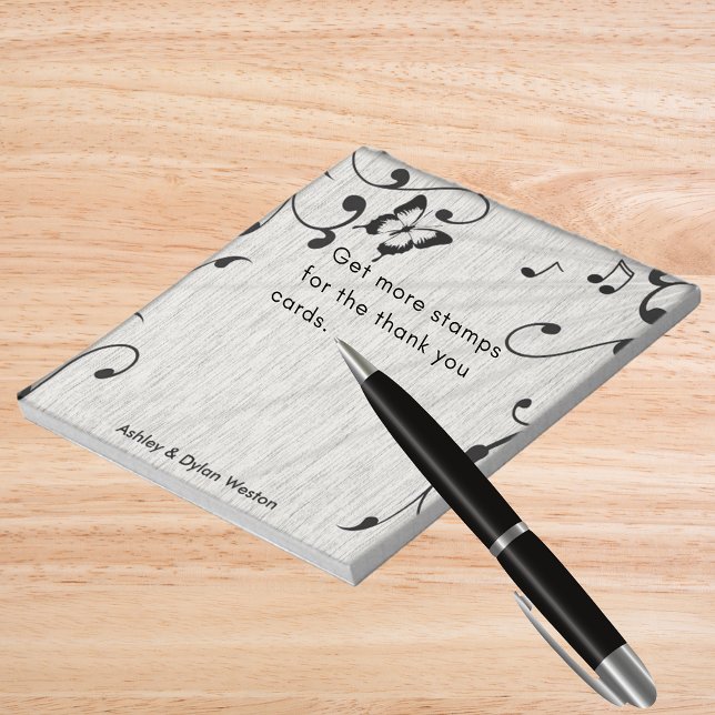 Music Butterfly Löv Grått & Black Wood Bröllop Anteckningsblock (Music Butterfly Leaves Gray & Black Wood Wedding Notepad)