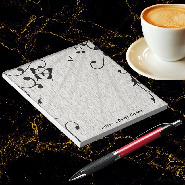 Music Butterfly Löv Grått & Black Wood Bröllop Anteckningsblock (Music Butterfly Leaves Gray & Black Wood Wedding Notepad)