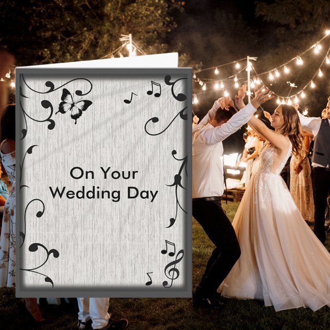 Music Butterfly Löv Grått & Black Wood Bröllop Kort (Music Butterfly Leaves Gray & Black Wood Wedding Card)